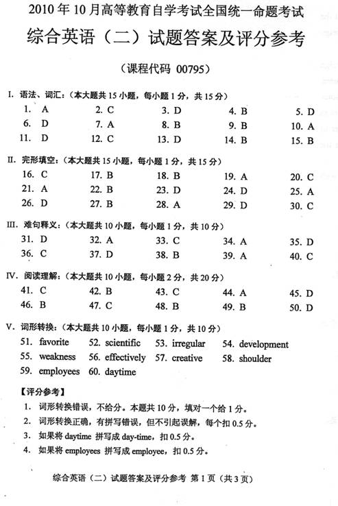 全国2010年10月自考综合英语（二）参考答案1