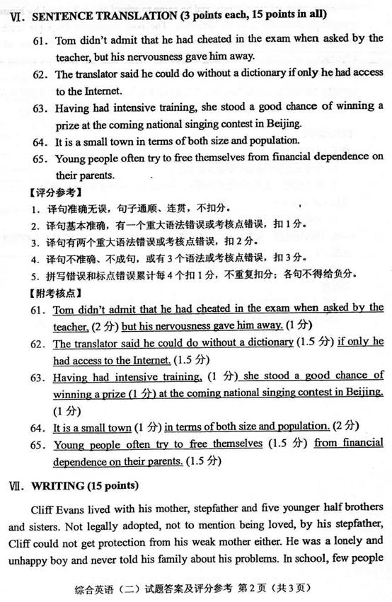 全国2011年10月自考综合英语（二）参考答案2