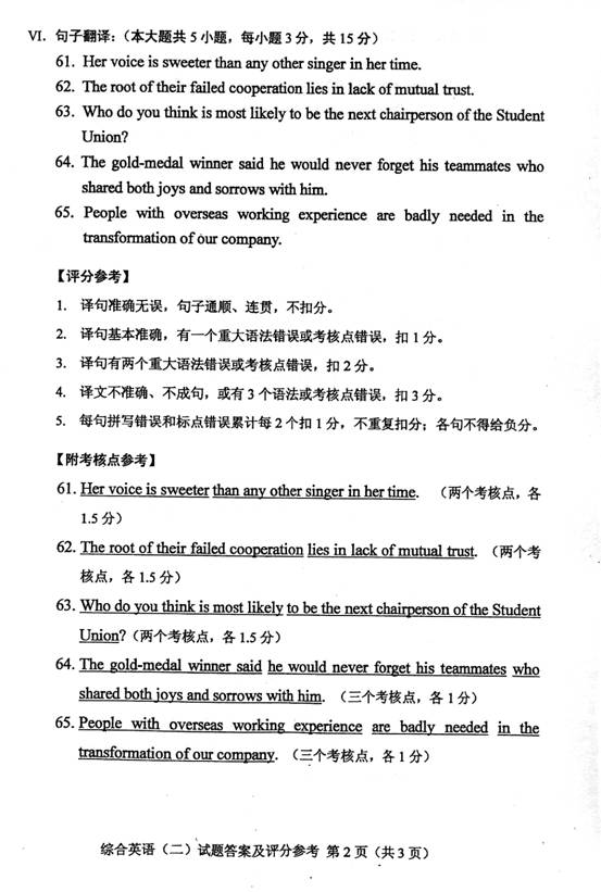 全国2010年10月自考综合英语（二）参考答案2