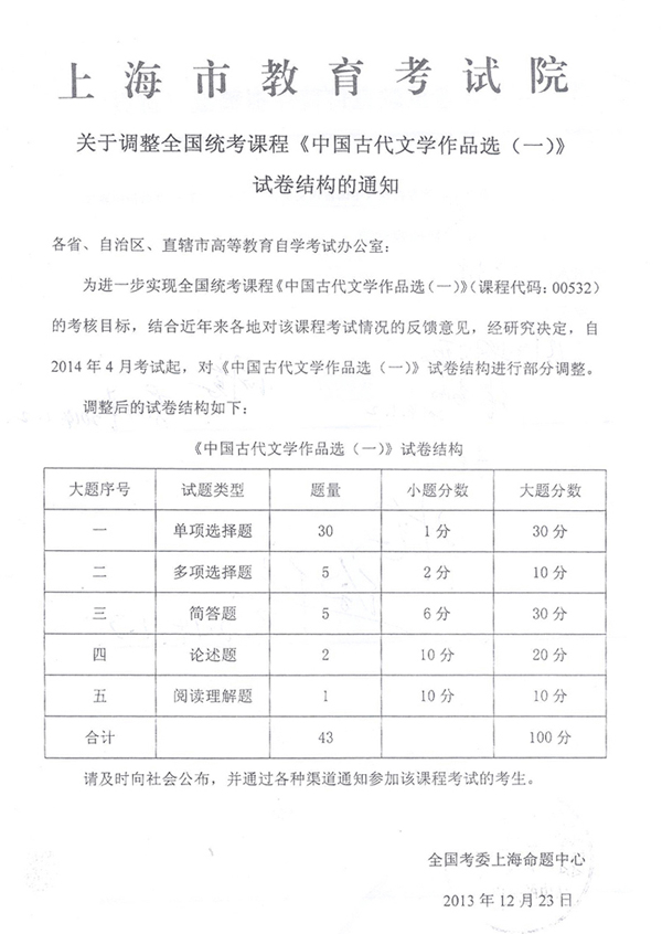 2014年上海自考中国古代文学作品选（一）试卷结构调整通知 1