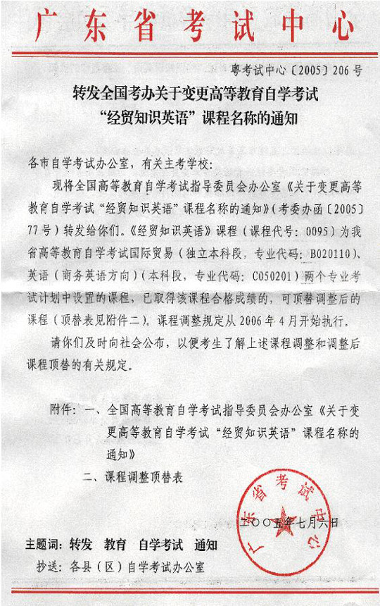 广东2006年4月自考变更“经贸知识英语”课程名称通知1