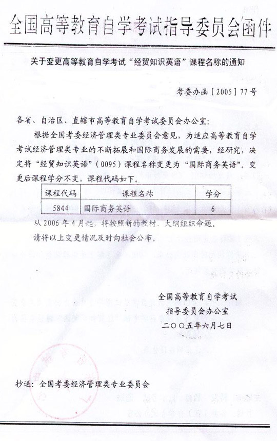 广东2006年4月自考变更“经贸知识英语”课程名称通知2